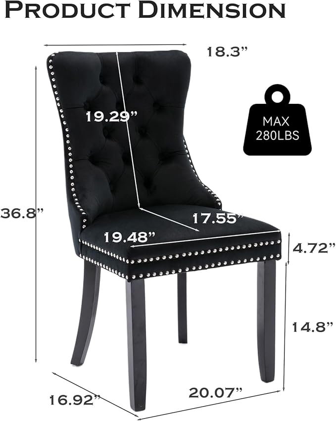 Velvet Upholstered Dining Chairs Set of 8, Modern Style Kitchen Side Chairs with Nailhead Trim and Wood Legs,Metal Pulling Ring for Dining Room Living Room(Black)