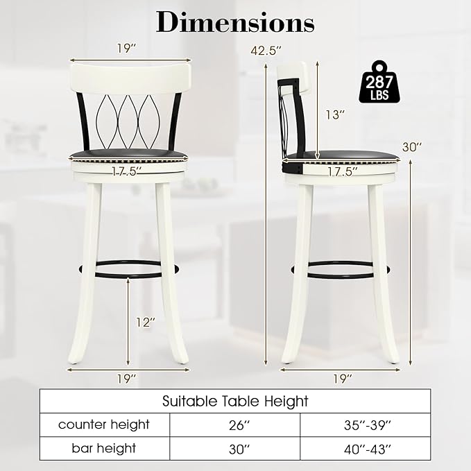 COSTWAY Bar Stools Set of 4, 30‘’ Seat Height Swivel Barstools with Ergonomic Backrest, Soft Cushion & Footrest, Rubber Wood Bar Height Bar Chairs Upholstered Dining Chairs for Kitchen Island