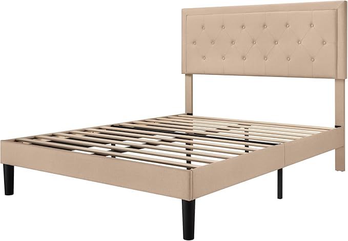 Allewie Queen Size Button Tufted/Fabric Upholstered Bed Frame with Adjustable Headboard/Wood Slat Support/Mattress Foundation/Beige