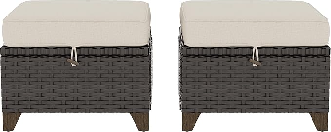 2 Pieces Patio Outdoor Ottomans with Removable and Washable Covers，PE Rattan Wicker Footstools for Porch, Garden, Sunroom (Beige)