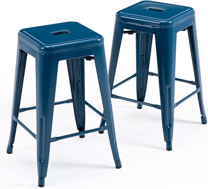 Vogue Furniture Direct 24 Inch Metal Bar Stools, Backless Counter Height Barstools, Indoor Outdoor Stackable Stools with Square Seat, Set of 2 (Deep Blue)