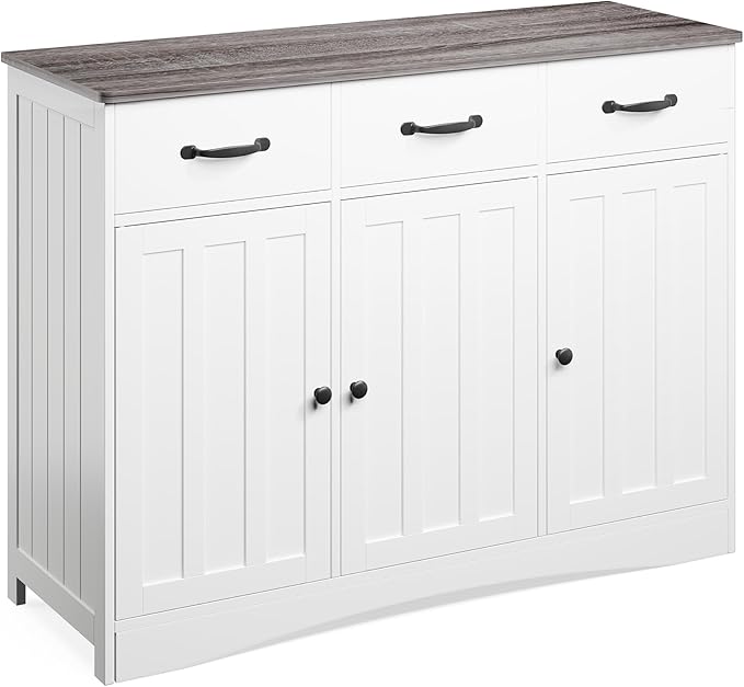 Gizoon Farmhouse Sideboard Buffet Cabinet, 42.5'' Kitchen Storage Cabinets with 3 Drawers and Barn Doors, Wood Coffee Bar Cabinet with Adjustable Shelf for Kitchen, Dining Room, Living Room, Grey