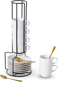 Lareina Porcelain Stackable Espresso Cups with Saucers, Spoons and Metal Stand, 3 Ounce Small Coffee Cups Set of 6 - Ceramic Demitasse Mugs, White