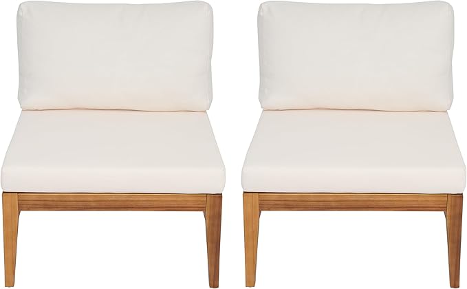 Christopher Knight Home Suri Set of 2 Acacia Wood Lounge Chair Outdoor, Contemporary Accent Chair Set with Weather Resistant Cushion, Deep Seating Armless, Comfy Patio Chairs, Teak + Cream