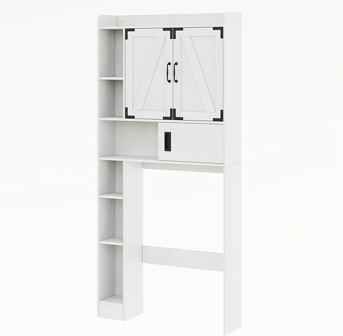 ChooChoo Over The Toilet Storage Cabinet, Farmhouse Bathroom Storage Cabinet with Sliding Door, Over Toilet Storage with Adjustable Shelves, Space-Saving, White