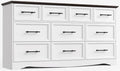 White Dresser for Bedroom, Farmhouse 10 Chest of Drawers, 59" Wide Chest of Drawers with Brushed Metal Handle, Wood Closet Organizers and Storage Cabinet for Bedroom, Living Room, Hallway