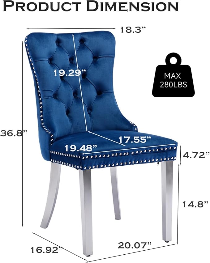 Velvet Upholstered Dining Chairs Set of 4, Modern Style Kitchen Side Chairs with Nailhead Trim and Silver Plated Leg, Metal Pulling Ring for Dining Room Living Room