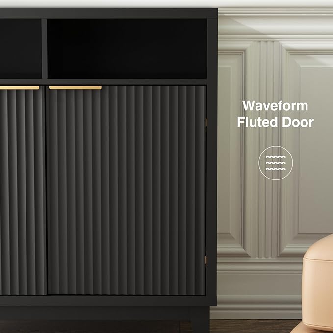 Buffet Cabinet with Storage - Elegant Fluted Storage Cabinet with Adjustable Shelves and Solid Wood Leg, Modern Buffet Sideboard for Living Room, Dining Room, Entryway