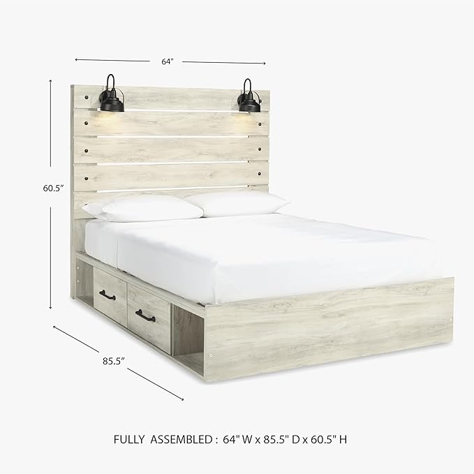 Signature Design by Ashley Cambeck Farmhouse Queen Panel Platform Bed with 2 Storage Drawers, Cubbies, Sconce Lights and USB Ports, Foundation or Box Spring Not Needed, Whitewash