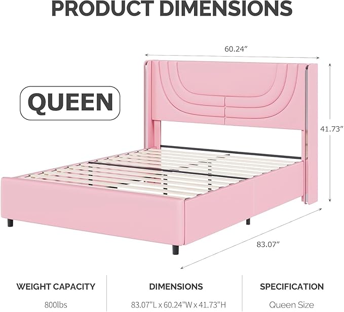 Queen Bed Frame with LED Lights, Faux Leather Upholstered Bed with Wingback Headboard, Modern Bed Frame, No Box Spring Needed, Easy Assembly, Pink