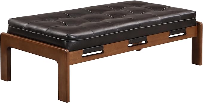 Christopher Knight Home Penley Modern Rectangular Faux Leather Upholstered Living Room Ottoman Bench/Coffee Table, Rubberwood Frame, Tufted Large Sofa Footstool, Multi-Functional, Dark Brown+Walnut