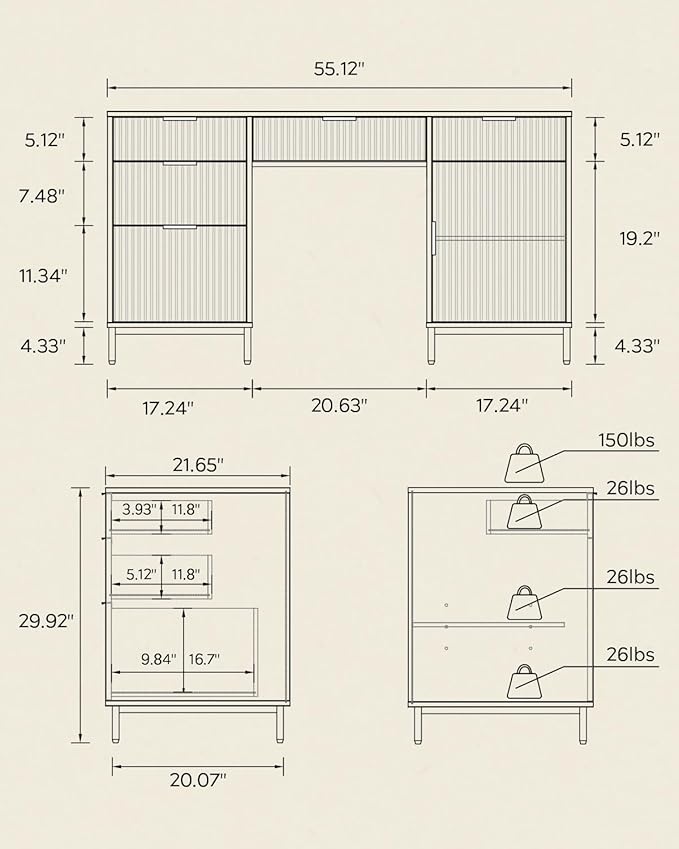 Modern Fluted Executive Desk with File Drawer, 55" Large Computer Desk with Storage and Charging Station, Wooden Home Office Desk for Workspace, Writing, Study, Brown