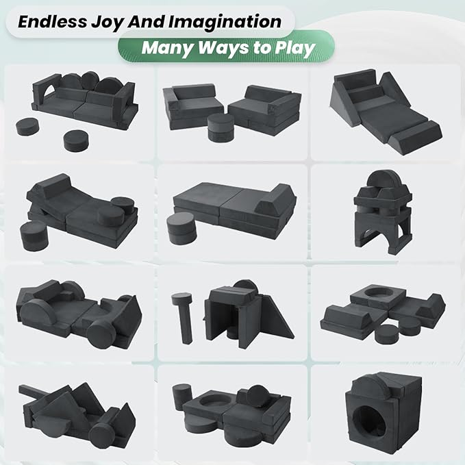 HOMFINE 16pcs Modular Kids Play Couch, Kids Toddler Couch, Child Sectional Sofa, Versatile Kid Sofa for Playroom Bedroom, Convertible Foam and Floor Cushion for Boys and Girls, Grey