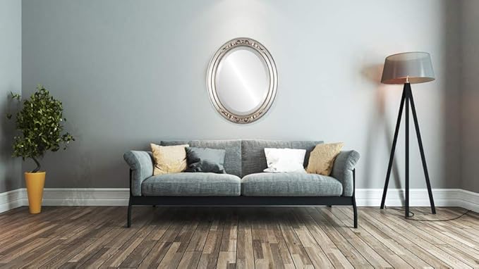 OVALCREST Oval Beveled Wall Mirror for Home Decor - Florence Style - Silver Leaf with Brown Antique - 34" x 24"