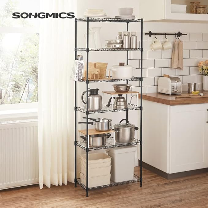 SONGMICS 6-Tier Storage Shelves, Wire Shelving Unit, Kitchen Metal Shelves, Storage Rack with Adjustable Shelves, Shelf Liners, 8 Hooks, for Garage, 11.4 x 23.2 x 63 Inches, Black ULGR066B01