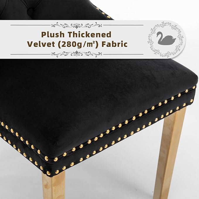 Velvet Upholstered Dining Chairs Set of 8, Modern Style Kitchen Side Chairs with Nailhead Trim and Gold Plated Leg, Metal Pulling Ring for Dining Room Living Room(Black)