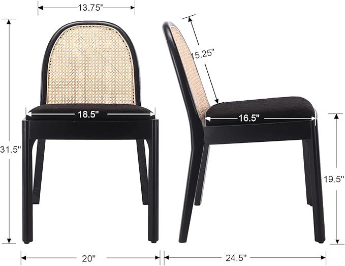 Rattan Dining Chairs Set of 6, Modern Dining Room Chairs with Cane Back Comfy Accent Sherpa Chair Upholstered Boucle Chair for Kitchen/Restaurant/Living Room, Black