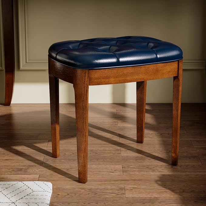 MODERION Vanity Bench Stool with Upholstered, Modern Luxury Wood Stool ,Ottoman Shoe Bench for Living Room, Vanity, Entryway, 19.3"L x 14.9"W x 19.3"H Easy Assembly, Beeswax Leg & Blue Seat FD-HNY-BL