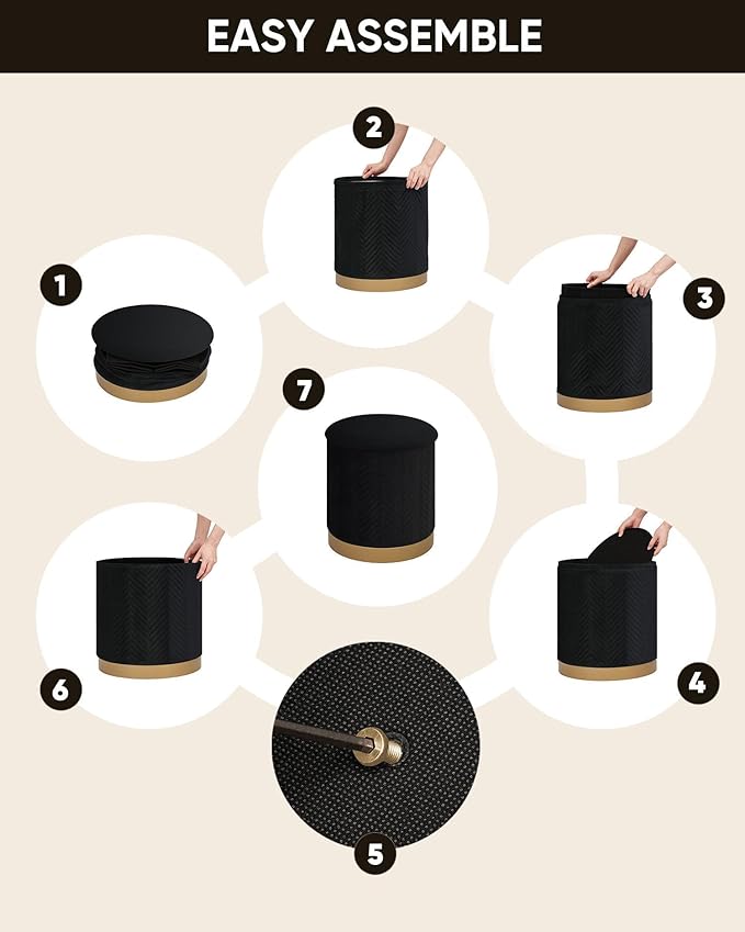 B FSOBEIIALEO Ottoman with Stroage, Round Velvet Storage Ottoman with Gold Plating Base,Foot Rest Stool for Dorm Room, Living Room Black, 14.76"x14.76"x16.35"
