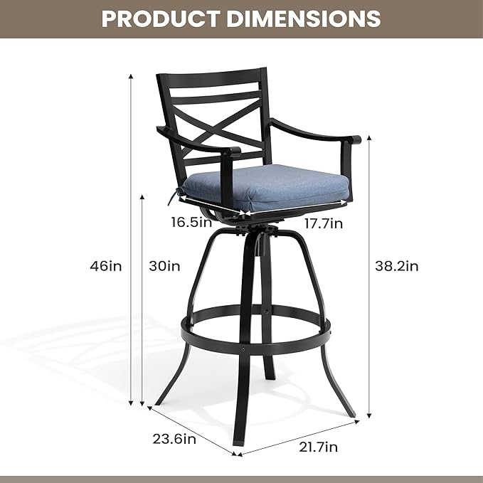 Pellebant 30" Sunbrella Outdoor Bar Stools Set of 8, Aluminum Swivel Patio Bar Height Bar Stools with Back & Footrest, for Deck Lawn Garden(Spectrum Denim)