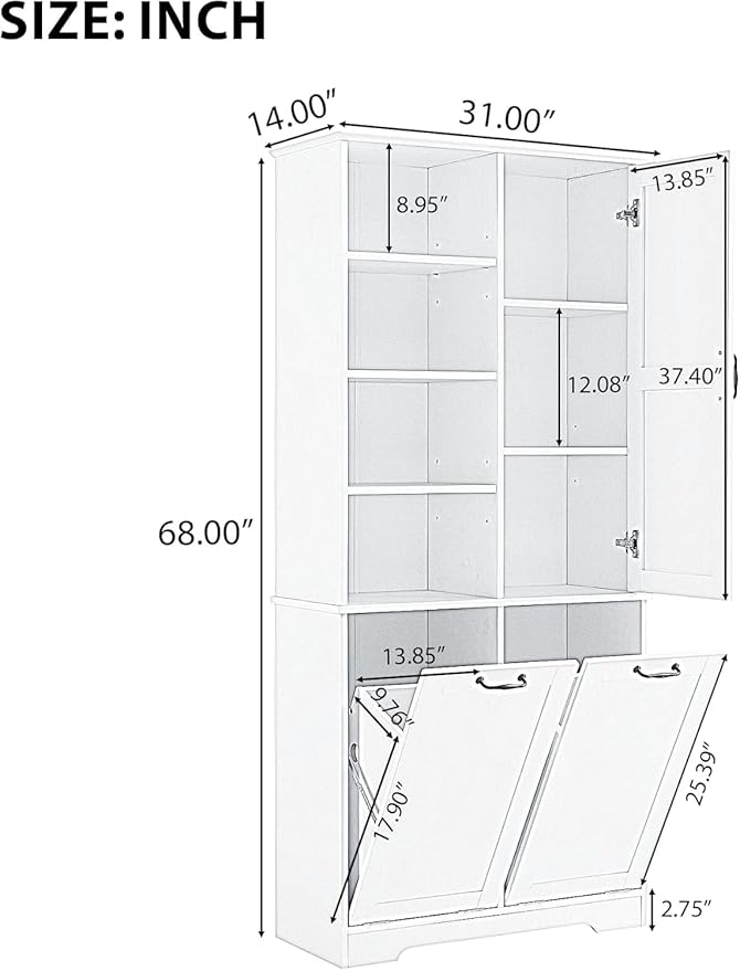Tall Laundry Cabinet with 2 Tilt Out Hamper, Wood Bathroom Storage Cabinet with Doors and Adjustable Shelves Freestanding (Black)