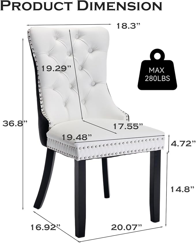 Leather Upholstered Dining Chairs Set of 2, Modern Style Kitchen Side Chairs with Nailhead Trim and Wood Leg, Metal Pulling Ring for Dining Room Living Room(Black&White,Set of 2)