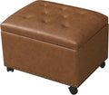 24" Leather Storage Ottoman with Steerable Rolling Wheels, Rectangle Foot Rest Ottoman with Storage for Living Room Bedroom, Vintage Golden Brown