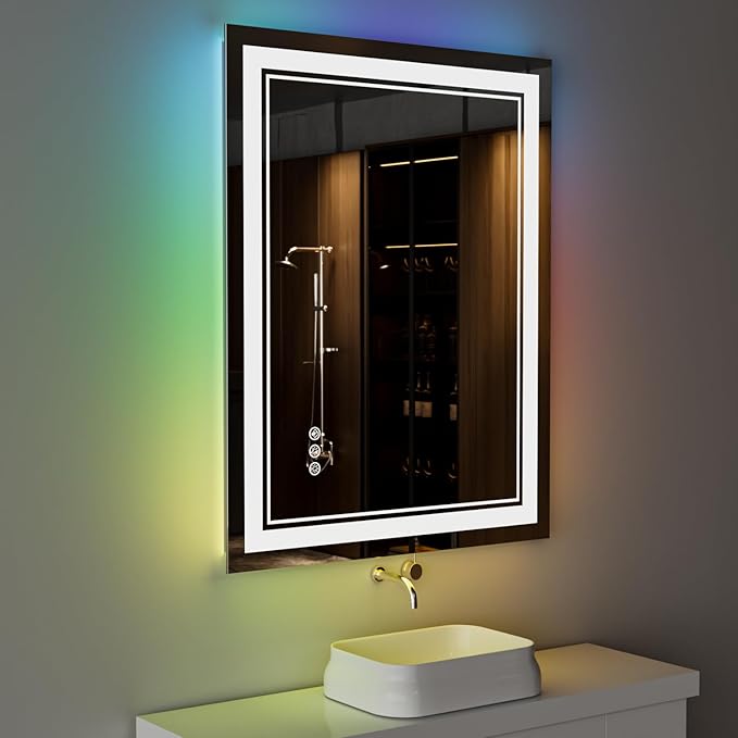 24x36 inch RGB LED Bathroom Mirror with Lights, Colorful Changing Lighted Mirror, Shatterproof Dimmable Anti-Fog LED Vanity Mirror for Bathroom (RGB Backlit + Front-Lit)