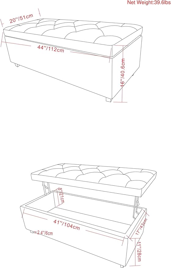 SIMPLIHOME Hamilton 44 inch Wide Traditional Rectangle Lift Top Rectangular Storage Ottoman in Natural Linen Look Fabric, Assembled, For the Living Room, Entryway and Family Room