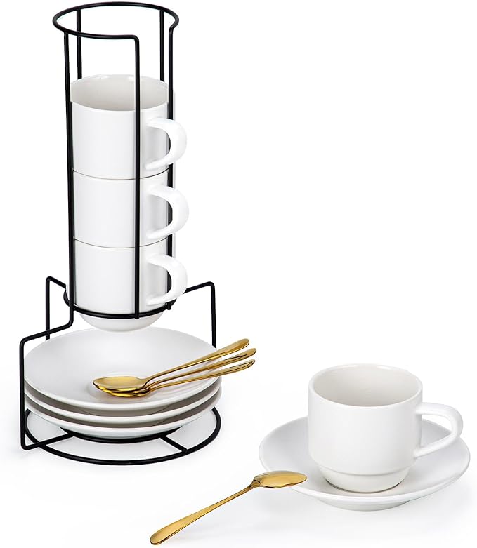Lareina 8 Ounce Porcelain Cappuccino Cups Set of 4, Stackable Coffee Cups with Saucers, Spoons and Metal Stand -for Specialty Coffee Drinks, Cappuccino, Latte, Americano and Tea, White
