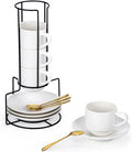 Lareina 8 Ounce Porcelain Cappuccino Cups Set of 4, Stackable Coffee Cups with Saucers, Spoons and Metal Stand -for Specialty Coffee Drinks, Cappuccino, Latte, Americano and Tea, White