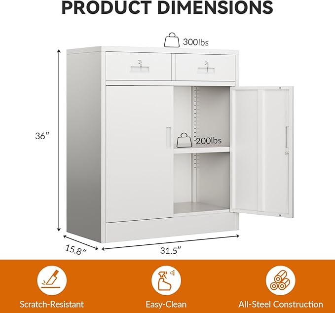 BESFUR Metal Storage Cabinet with 2 Lockable Drawers and 2 Lockable Doors, 36" H White Locking Storage Cabinet with Adjustable Shelf, Metal Cabinet for Home Office, Garage,School, Utility Room
