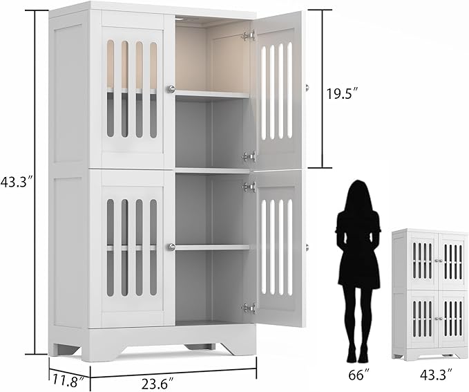 PARTPHONER Bathroom Floor Storage Cabinet with Cabinet Lights, Modern Storage Cabinet with 4 Doors and Adjustable Shelves, Buffer Hinges, White Pantry Cabinet for Living Room & Kitchen
