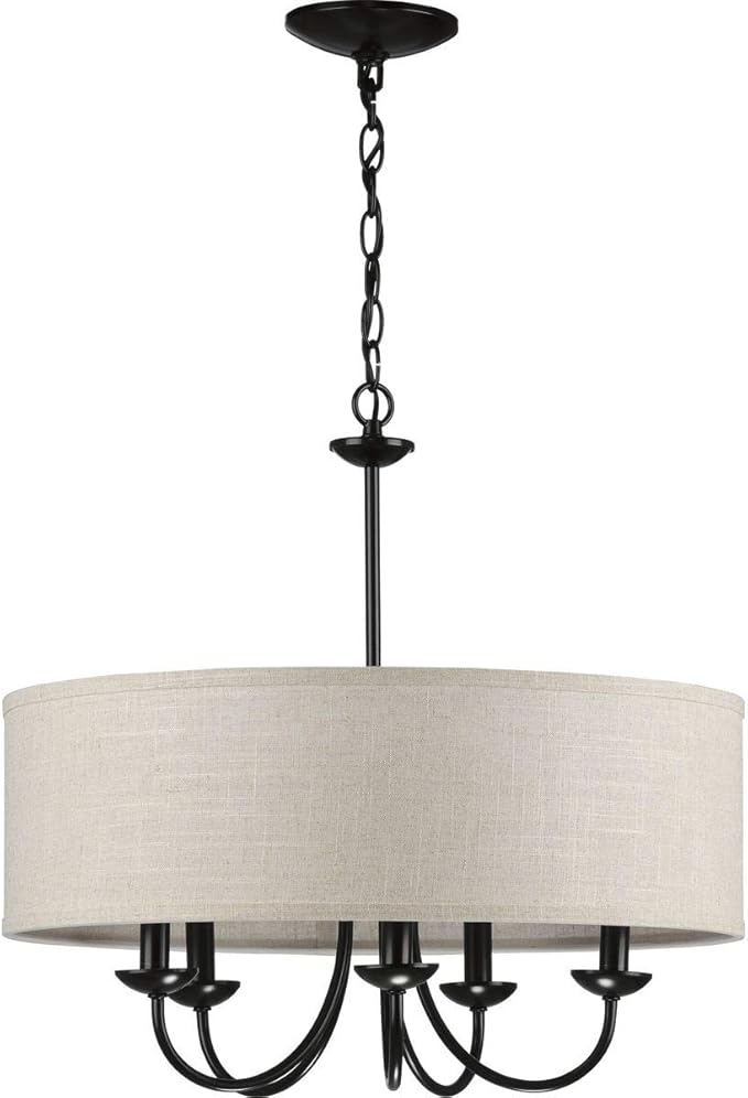 Progress Lighting Drum Shade Collection Five-Light Chandelier, Farmhouse Style Hanging Ceiling Light Fixture for Dining Rooms, Foyers, Harvest Linen Shade, Matte Black