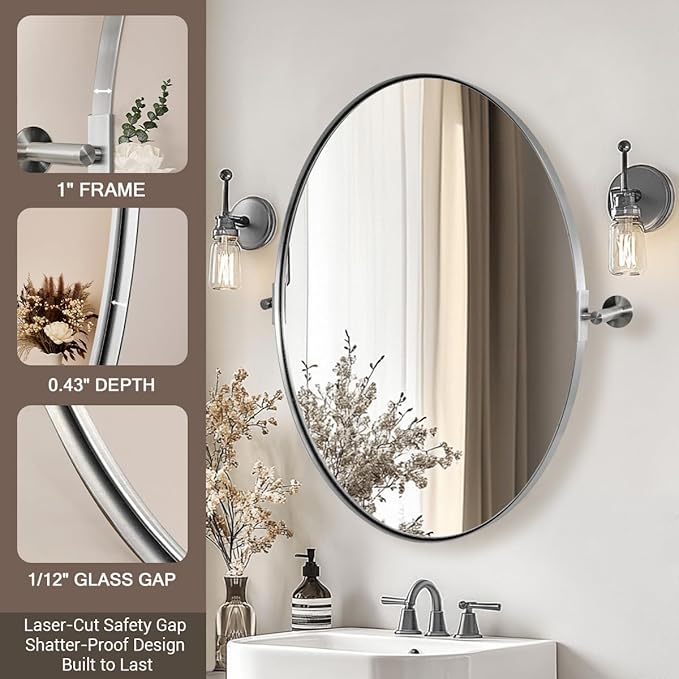 ANDY STAR Brushed Nickel Bathroom Mirror, 24 x 32 Inch Oval Pivot Mirror for Wall, Unique Farmhouse Tilt Mirror in Slim Silver Stainless Steel Metal Frame for Bedroom, Powder Room