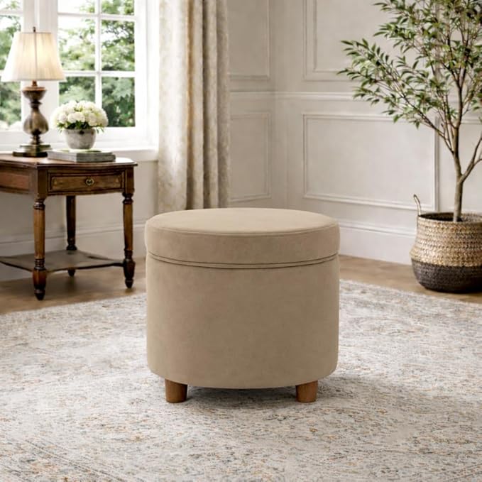 HomePop Home Decor | Upholstered Round Storage Ottoman | Ottoman with Storage for Living Room & Bedroom, Fawn Gray Velvet, Large