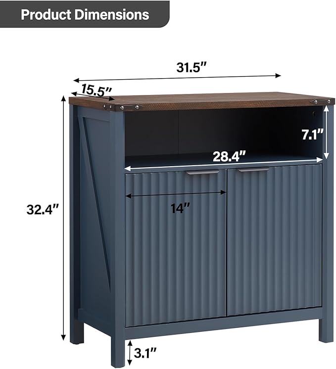 Buffet Cabinet with Storage - Modern Farmhouse Rustic 32 Fluted Sideboard Storage Cabinet Buffet with Adjustable Shelves, Coffee Wine Bar Organizer for Dining Room (Navy Blue)