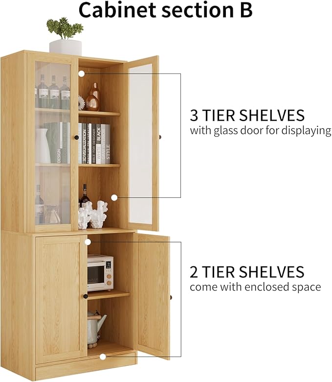 VOWNER Vertical File Cabinet, 3-Tier Modern Bookshelf with 3 Large Drawer, Wood Filing Cabinet with Open Storage Shelf, Glass Doors and Fixed Storage Shelves for Home Office, Wood