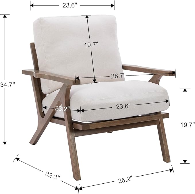 Wahson Set of 2 Mid Century Chair, Upholstered Accent Armchairs, with Wood Frame and Linen Cushions, Leisure Slipper Chair for Living Room/Bedroom, Cream