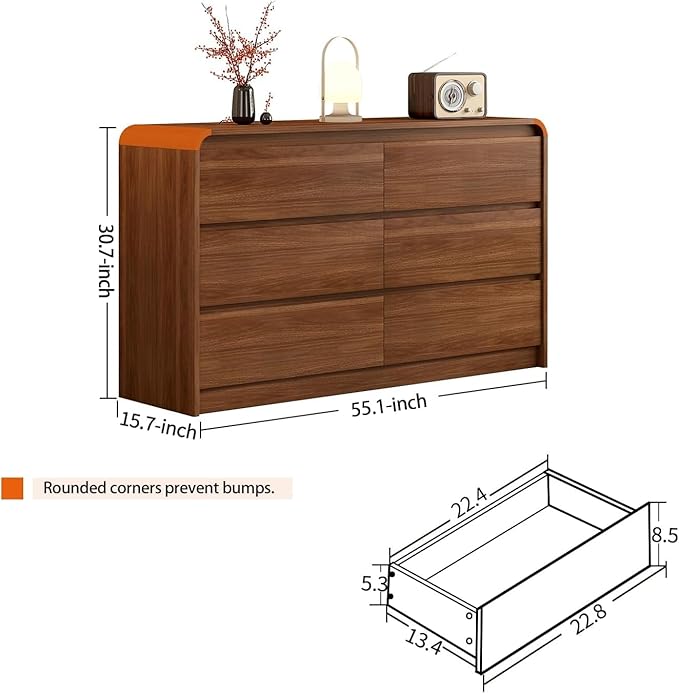 6 Drawer Dresser For Bedroom 55 Inch Wood Chest of Drawers - Curved Anti Collision, Mid Century Dresser For Closet with Natural Texture & Pre-Embedded Slots for TV Stand, Living Room, Nursery