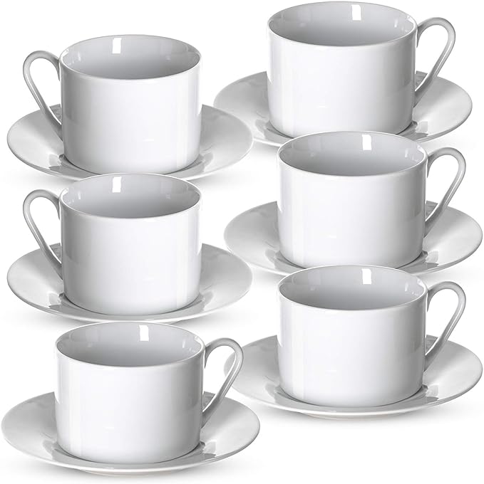Klikel Tea Cups And Saucers Set - 6 Piece White Coffee Mug Set - 6 Inch Plates And 8.5oz Mugs - Cappuccino Cup And Saucer Set For Latte Cafe Mocha Espresso Bar