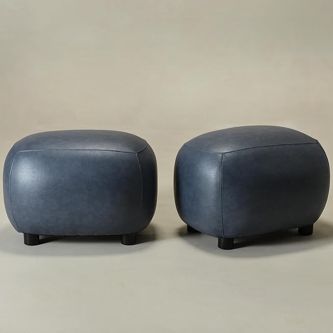 KINWELL 23" Wide Faux Leather Upholstered Ottoman Set of 2, Mid-Century Modern Living Room Footrest with Soft Padded Seat, Footstool for Bedroom, Entryway or Living Room, Navy