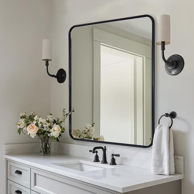 ANDY STAR Black Bathroom Mirror, 36x40 Inch Rounded Rectangle Mirror for Bathroom, Modern Tube Metal Framed Rectangular Mirror for Vanity, Wall-Mounted Vertically or Horizontally
