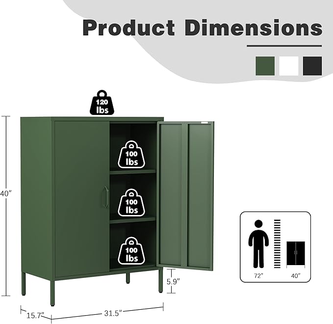 Green Metal Locker Cabinet with 2 Doors, Metal Accent Cabinets with 2 Adjustable Shelves Home Office Storage Lockers Sideboard for Kitchen Living Room Hallway Entryway