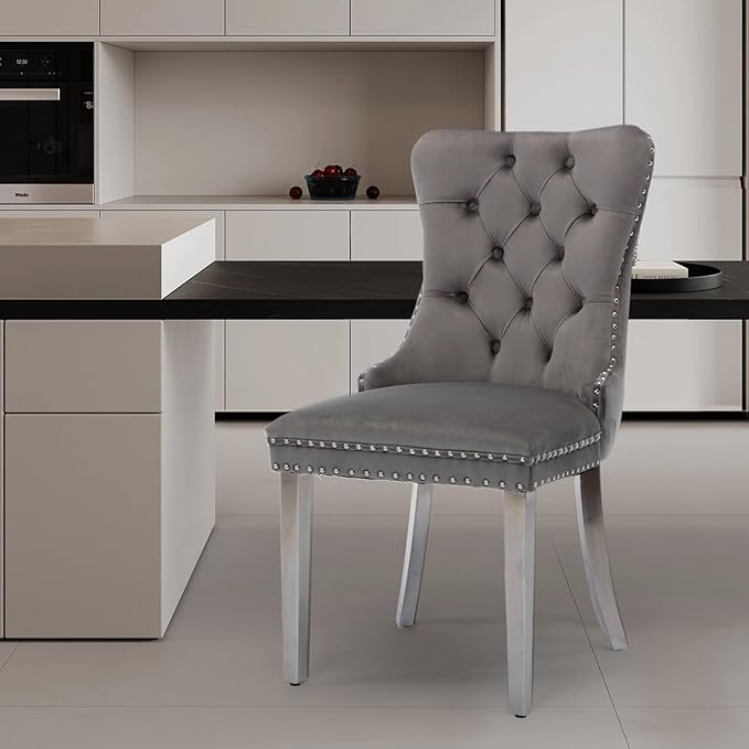 Velvet Upholstered Dining Chairs Set of 6, Modern Style Kitchen Side Chairs with Nailhead Trim and Silver Plated Leg, Metal Pulling Ring for Dining Room Living Room(Gery-Silver Plated Leg)