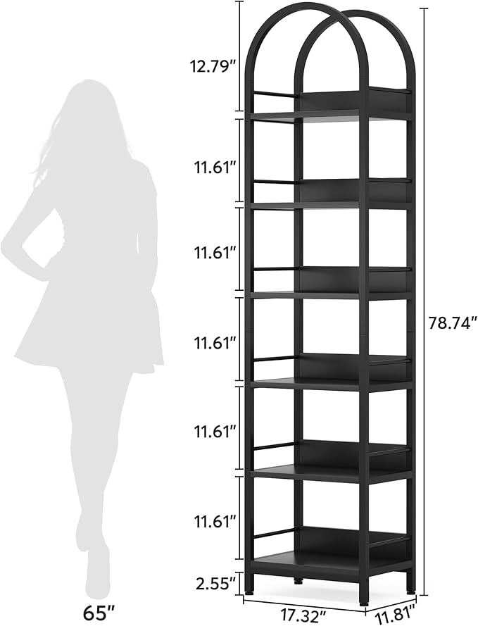 Tribesigns 6-Tier Open Bookshelf, 78.7" Tall Arched Bookcase Narrow Bookshelf with Metal Frame, Freestanding Corner Bookcase Display Shelves for Living Room, Home Office, Black