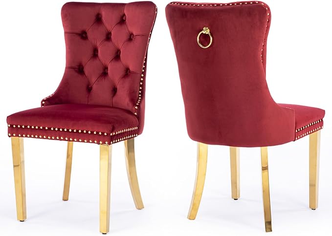 Velvet Upholstered Dining Chairs Set of 2, Modern Style Kitchen Side Chairs with Nailhead Trim and Gold Plated Leg, Metal Pulling Ring for Dining Room Living Room(Wine Red-Gold Plated Leg)