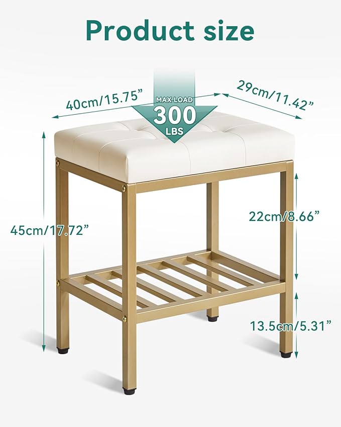 IBUYKE Rectangular Makeup Stool with Adjustable Feet and Storage Space, Footrest Chair, PU Vanity Seat, Multi-Use as Small Side Table or Ottoman, for Bedroom, White WBD017W