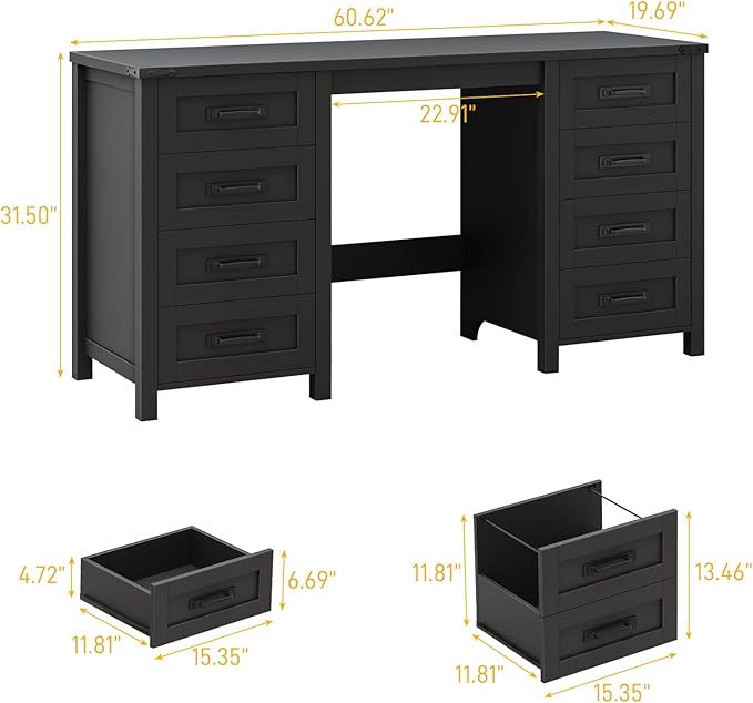 Vabches Farmhouse 60.6” Executive Desk with 7 Drawers, Computer Desk with File Drawer for Hanging Files A4, Workstation for Home Office, Study.Black
