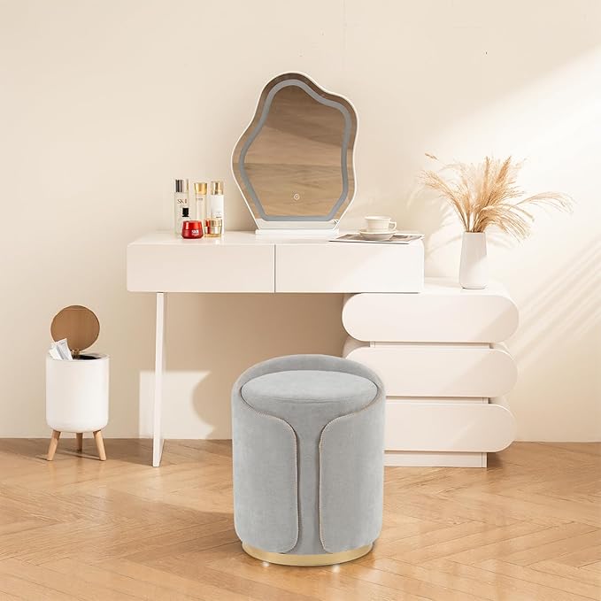 Swivel Vanity Stool with Gold Base Comfy Vanity Chair Modern Round Stool for Makeup Vanity Ottoman Foot Rest for Bedroom livingroom (Light Gray)